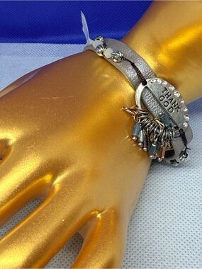 Silver-Tone 'Thank God' leather Charm Bracelet with Gray Band